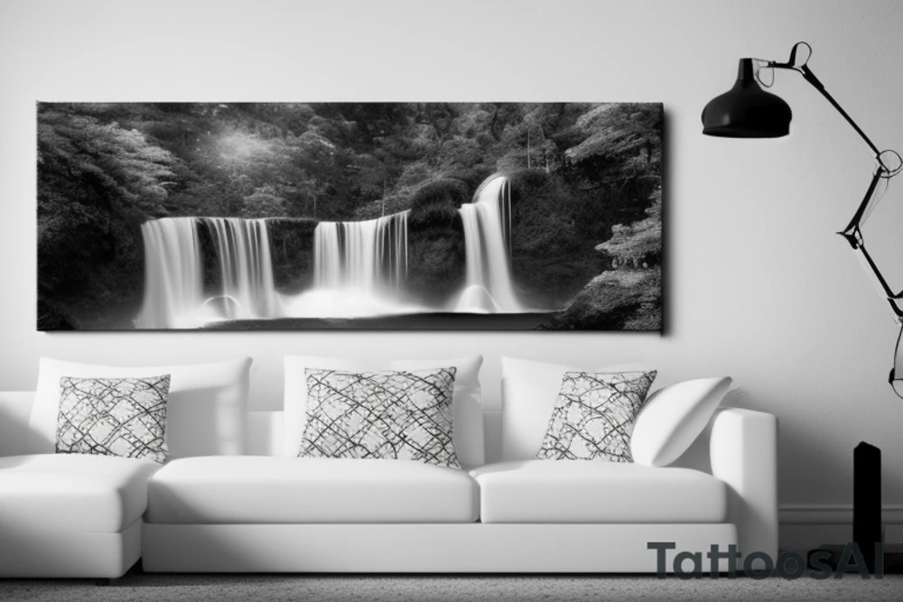 Canvas of a realistic Japanese temple at an angle with waterfalls tattoo idea