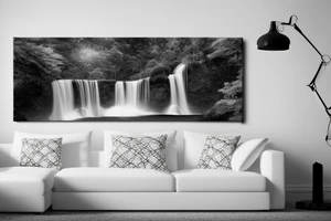 Canvas of a realistic Japanese temple at an angle with waterfalls tattoo idea