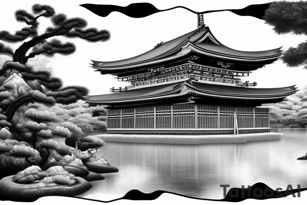 Canvas of a realistic Japanese temple at an angle with waterfalls tattoo idea