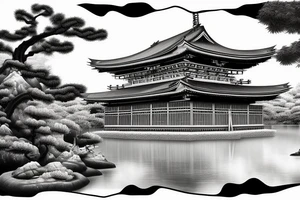 Canvas of a realistic Japanese temple at an angle with waterfalls tattoo idea