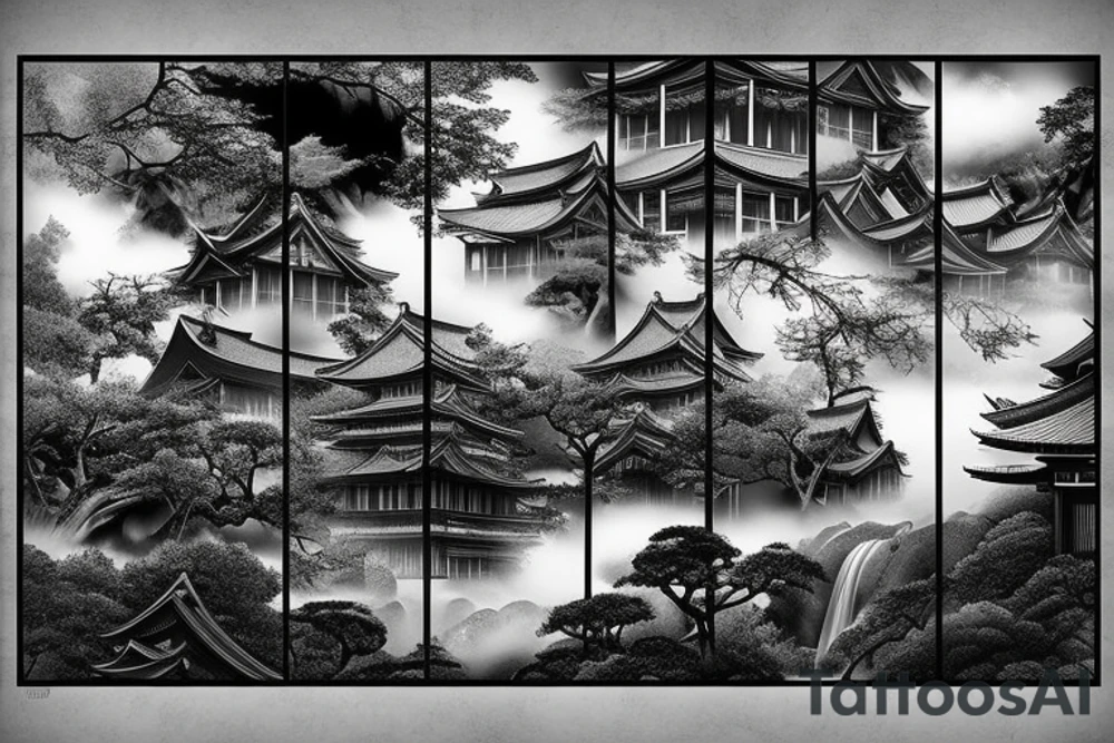 Canvas of a realistic Japanese temple at an angle with waterfalls tattoo idea