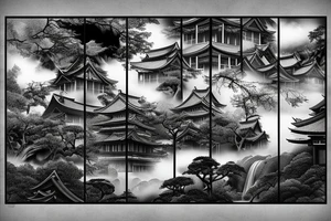 Canvas of a realistic Japanese temple at an angle with waterfalls tattoo idea