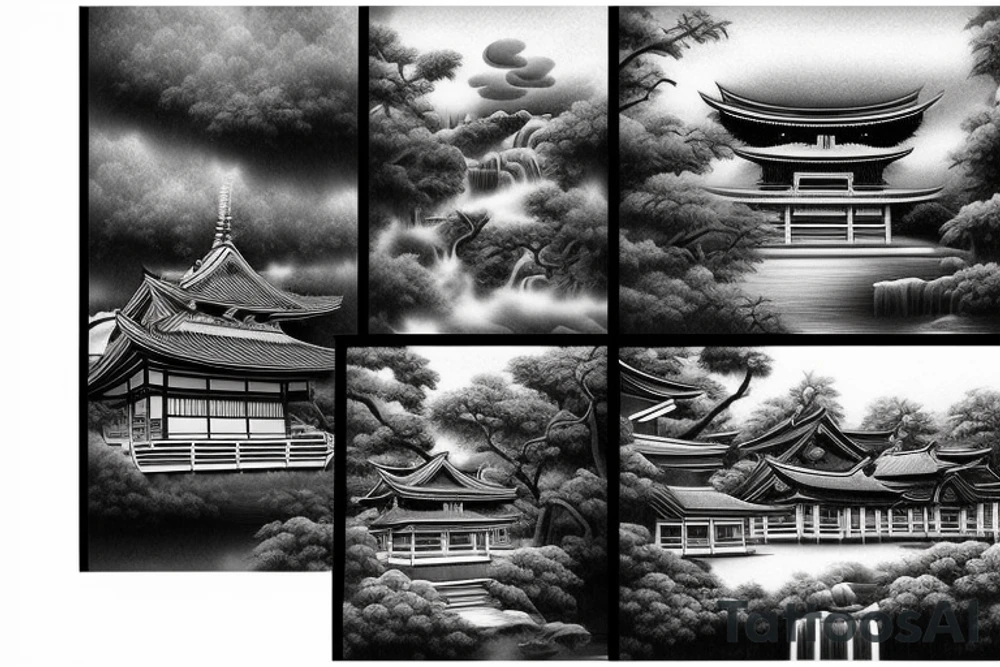 Canvas of a realistic Japanese temple at an angle with waterfalls tattoo idea