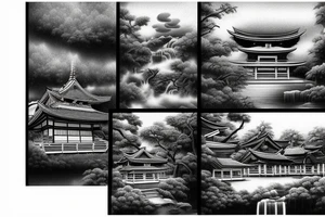 Canvas of a realistic Japanese temple at an angle with waterfalls tattoo idea