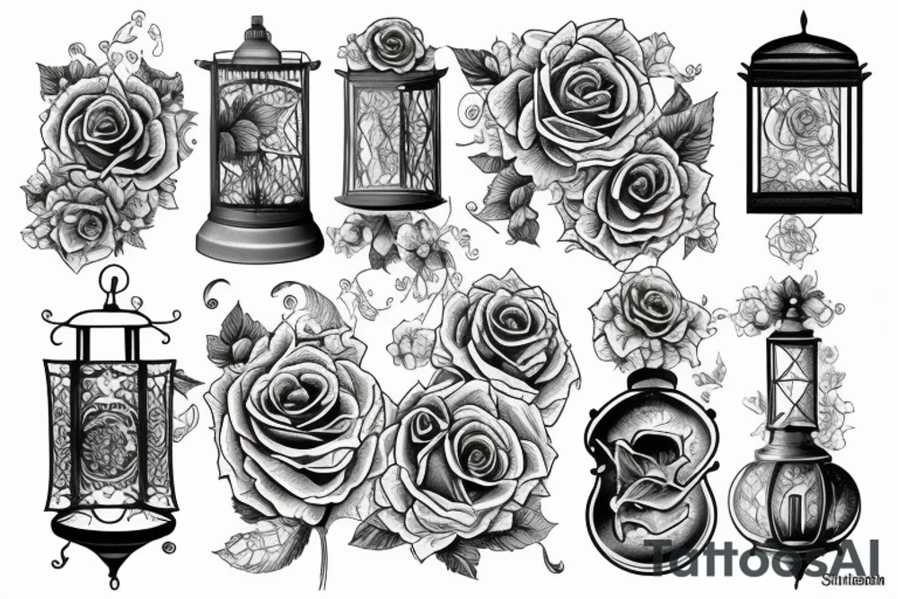 old style lantern with roses tattoo idea
