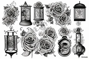 old style lantern with roses tattoo idea