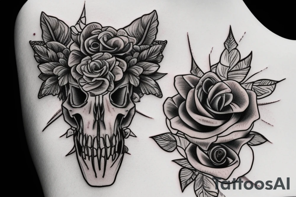 unicorn skull flower rose tattoo idea