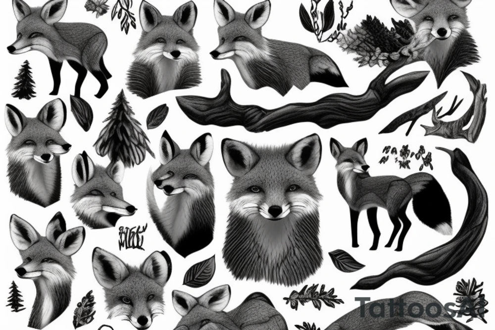 wildlife imagery of a fox, badger and a deer in the woodland tattoo idea