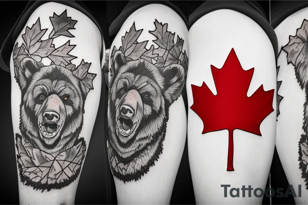 GRIZZLEY BEAR ROARING WITH CANADA FLAG AND NAME tattoo idea