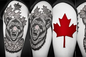 GRIZZLEY BEAR ROARING WITH CANADA FLAG AND NAME tattoo idea