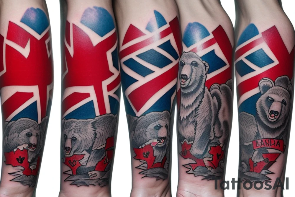 GRIZZLEY BEAR ROARING WITH CANADA FLAG AND NAME tattoo idea