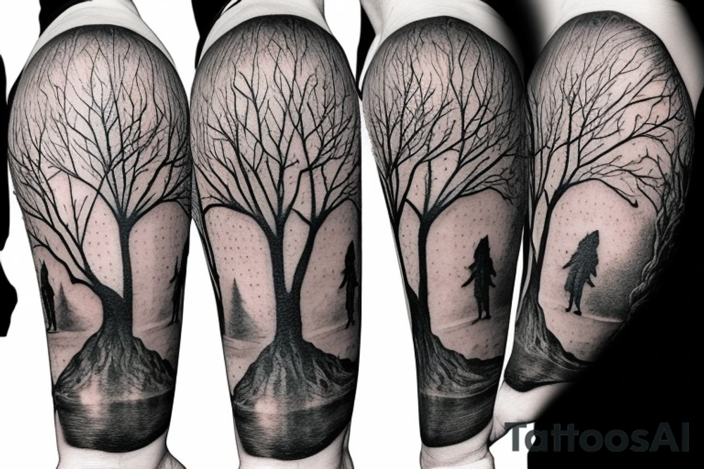 Person running past a tree tattoo idea