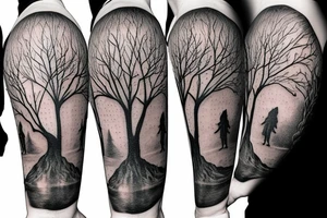 Person running past a tree tattoo idea