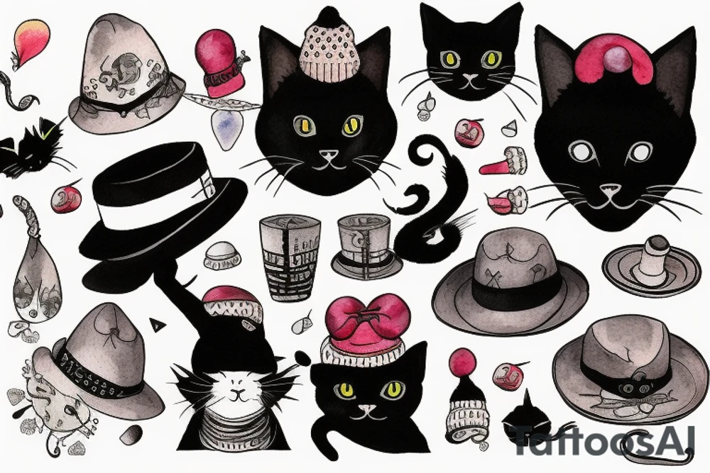 Black cat with a funny hat and sweater tattoo idea