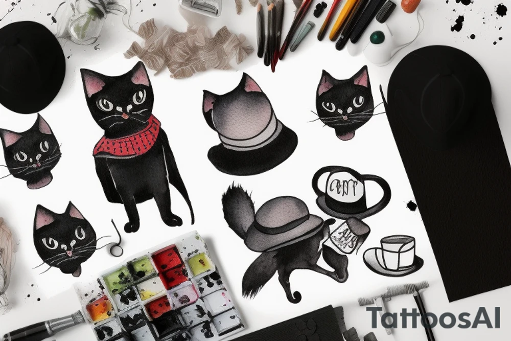 Black cat with a funny hat and sweater tattoo idea