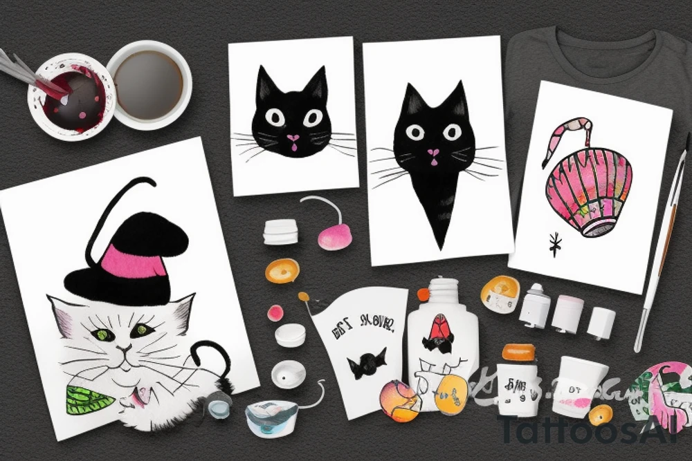 Black cat with a funny hat and sweater tattoo idea