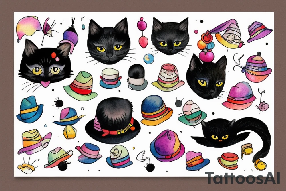 Black cat with a funny hat and sweater tattoo idea
