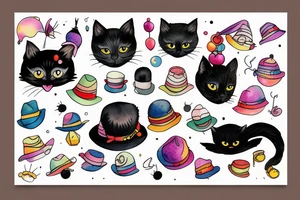 Black cat with a funny hat and sweater tattoo idea