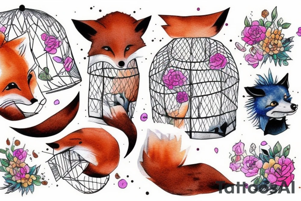 small fox sits in cage and looking through it tattoo idea