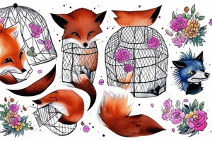 small fox sits in cage and looking through it tattoo idea