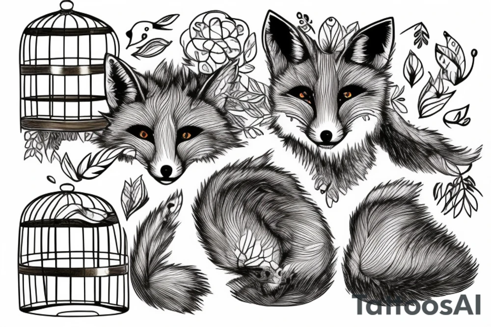 small fox sits in wooden cage and looking through it tattoo idea
