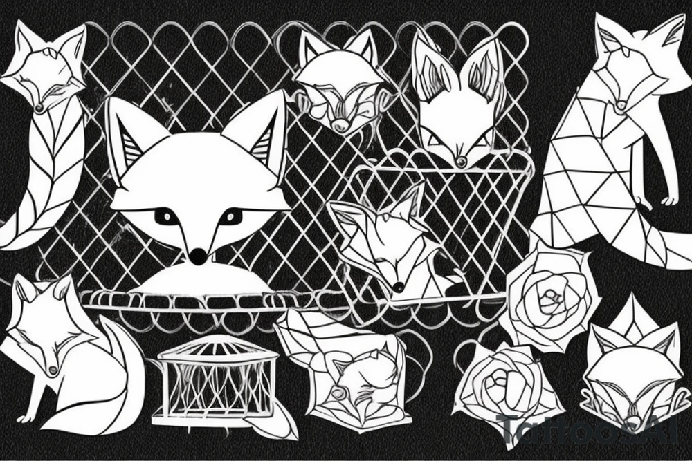 A small fox sits in a cage, poking its head through the bars, and looks into the distance tattoo idea