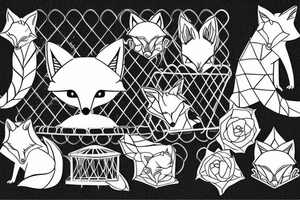 A small fox sits in a cage, poking its head through the bars, and looks into the distance tattoo idea
