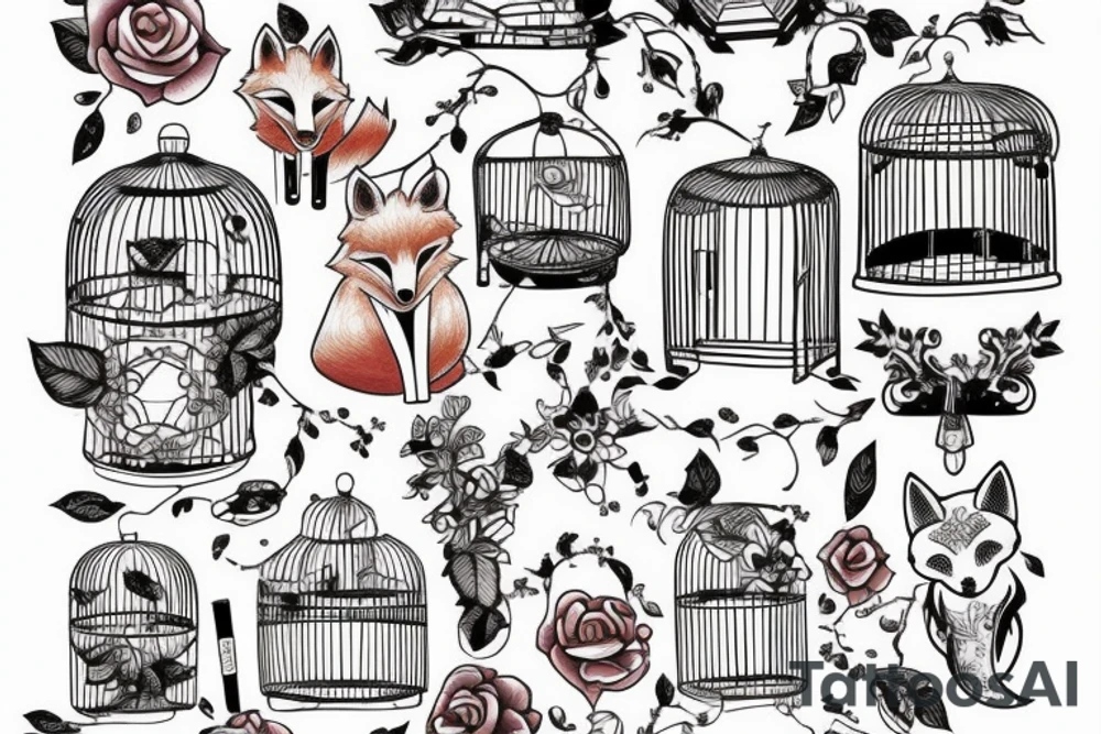 A small fox sits in a cage, poking its head through the bars, and looks into the distance tattoo idea