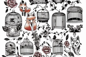 A small fox sits in a cage, poking its head through the bars, and looks into the distance tattoo idea