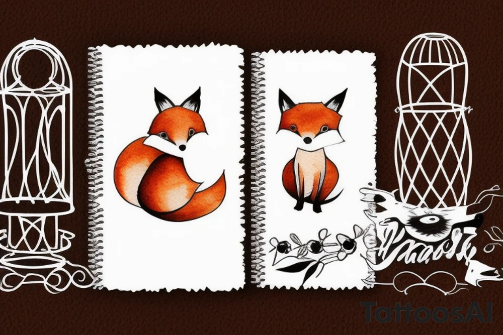 A small fox sits in a cage, poking its head through the bars, and looks into the distance tattoo idea