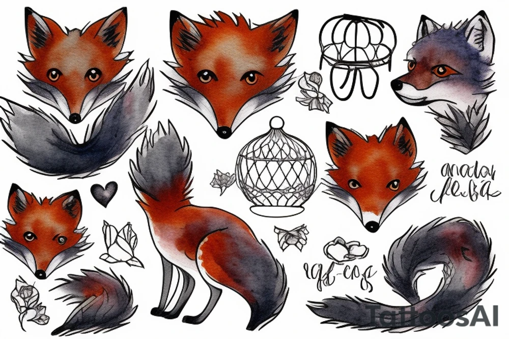 A small fox sits in a cage, poking its head through the bars, and looks into the distance tattoo idea
