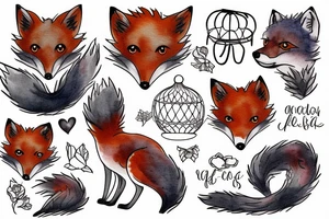 A small fox sits in a cage, poking its head through the bars, and looks into the distance tattoo idea