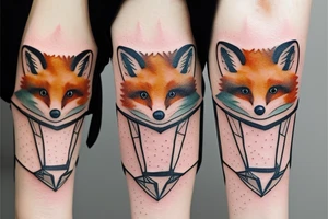 A small fox sits in a cage, poking its head through the bars, and looks into the distance tattoo idea