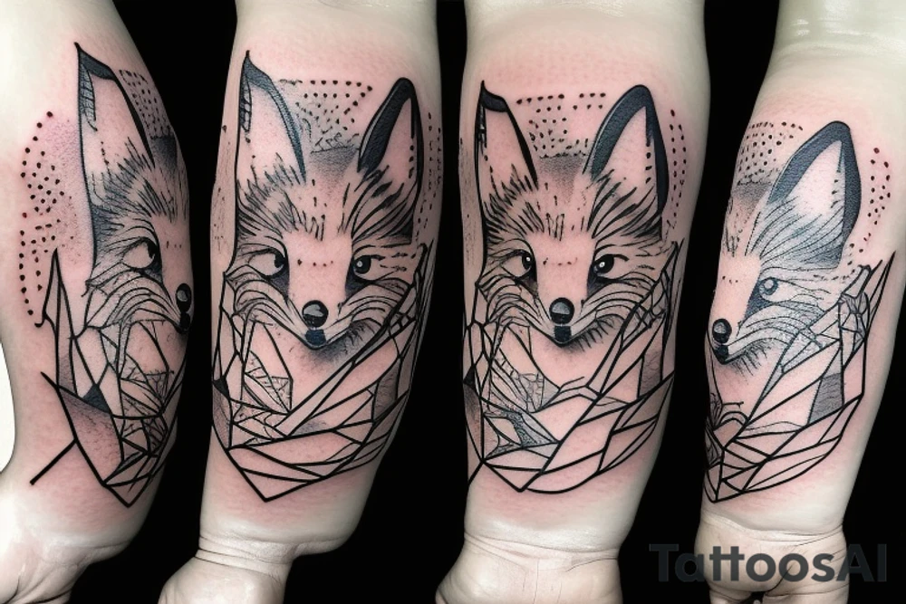 A small fox sits in a cage, poking its head through the bars, and looks into the distance tattoo idea