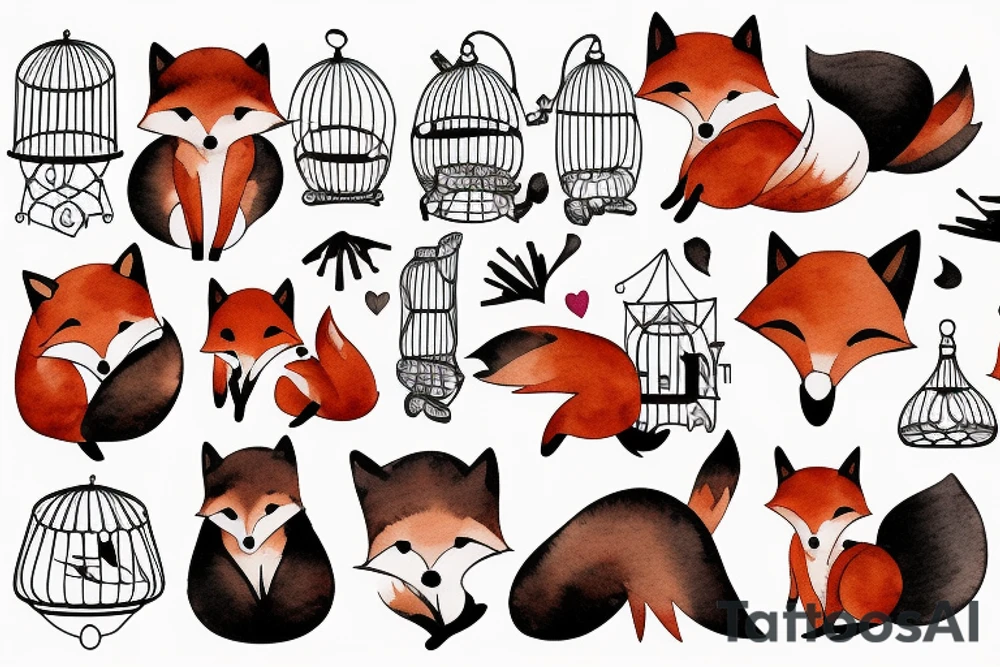 A small fox sits in a cage, poking its head through the bars, and looks into the distance tattoo idea
