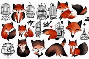 A small fox sits in a cage, poking its head through the bars, and looks into the distance tattoo idea