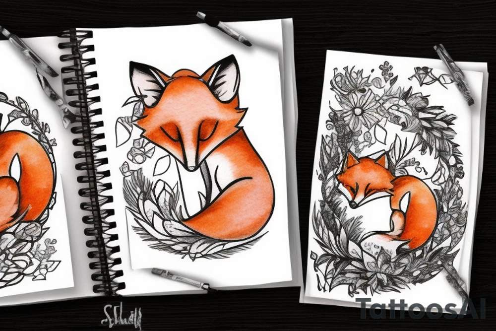 A small fox sits in a cage, poking its head through the bars, and looks into the distance tattoo idea