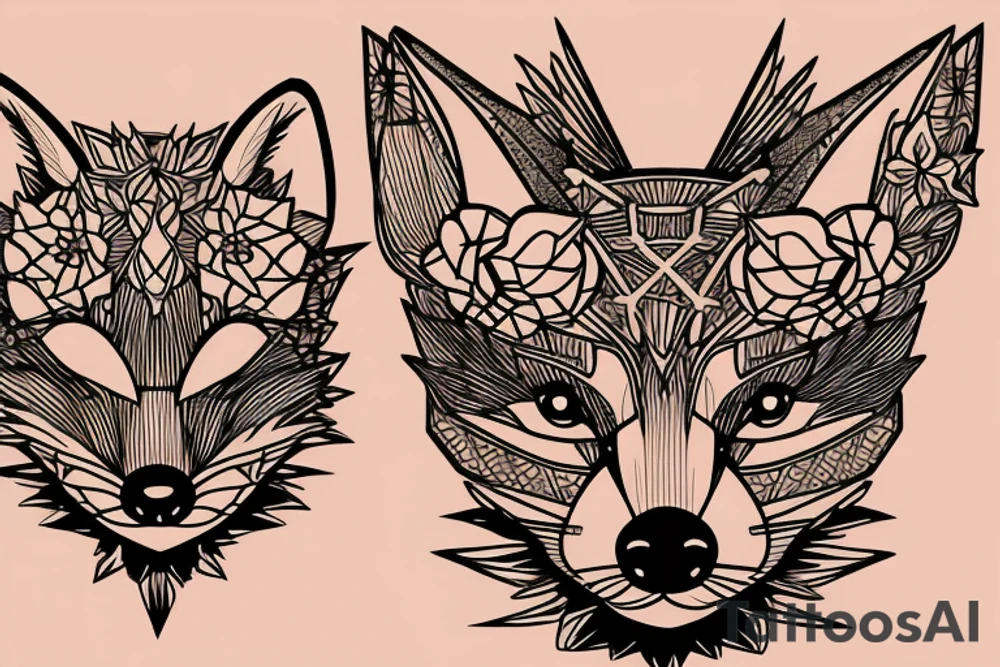 A small fox sits in a cage, poking its head through the bars, and looks into the distance tattoo idea