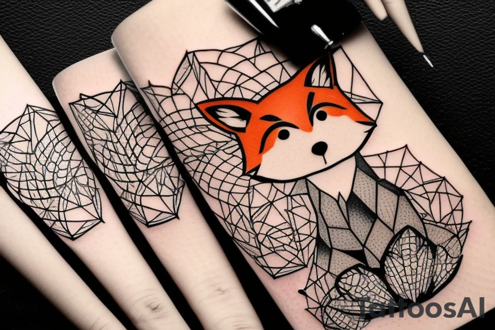 A small fox sits in a cage, poking its head through the bars, and looks into the distance tattoo idea