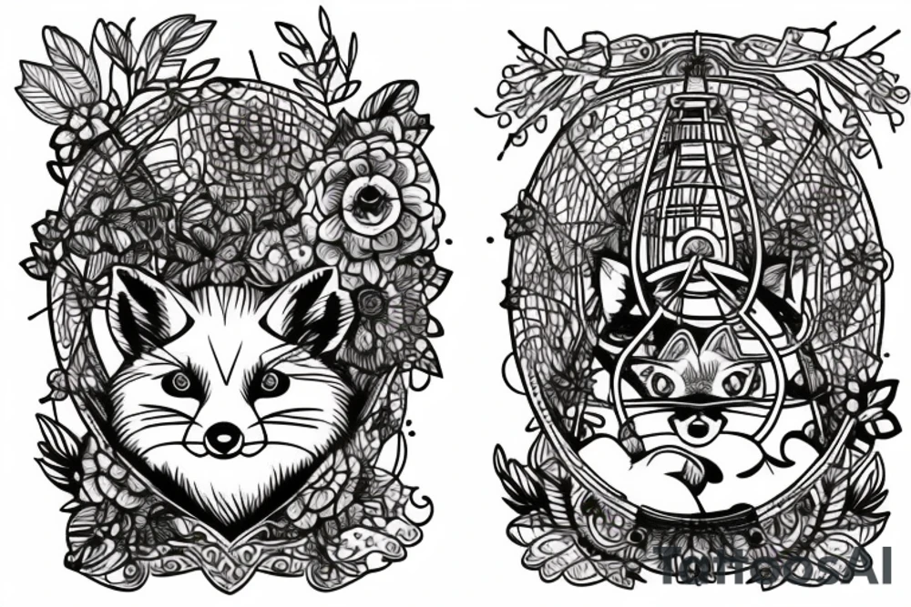 A small fox sits in a cage, poking its head through the bars, and looks into the distance tattoo idea