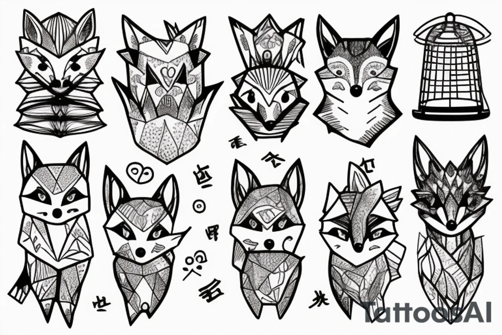 A small fox sits in a cage, poking its head through the bars, and looks into the distance tattoo idea