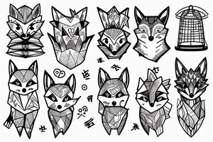 A small fox sits in a cage, poking its head through the bars, and looks into the distance tattoo idea