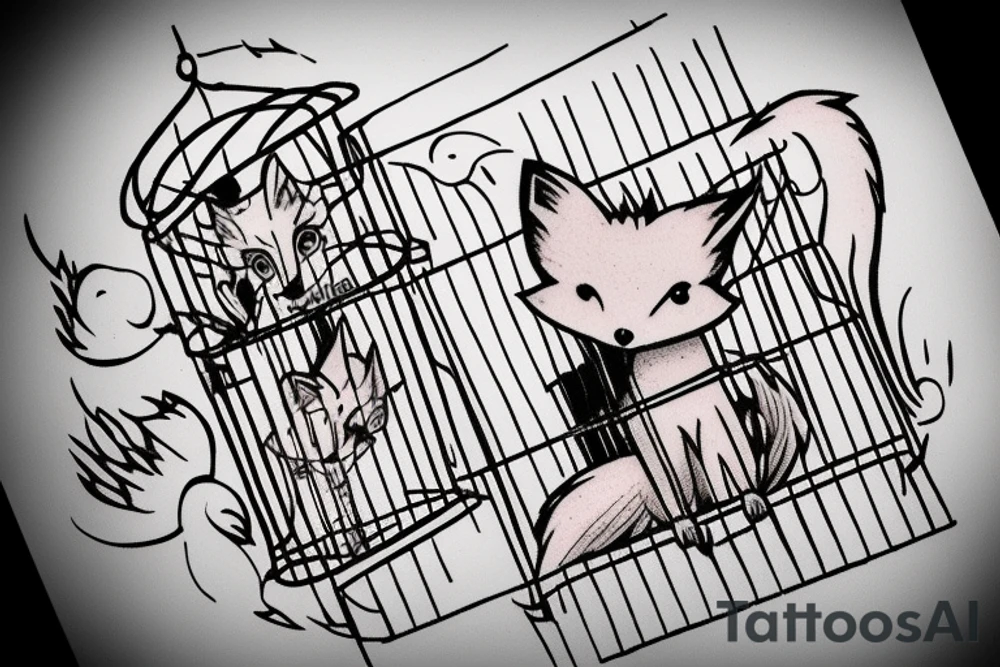 A small fox sits in a cage, poking its head through the bars, and looks into the distance tattoo idea