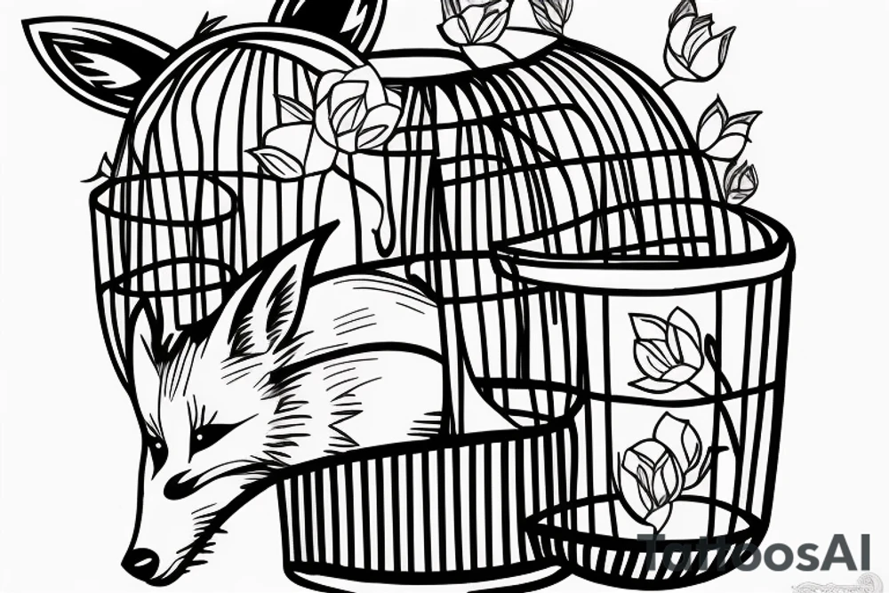 A small fox sits in a cage, poking its head through the bars, and looks into the distance tattoo idea