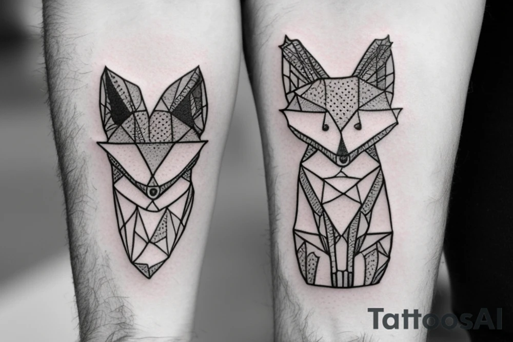 A small fox sits in a cage, poking its head through the bars, and looks into the distance tattoo idea