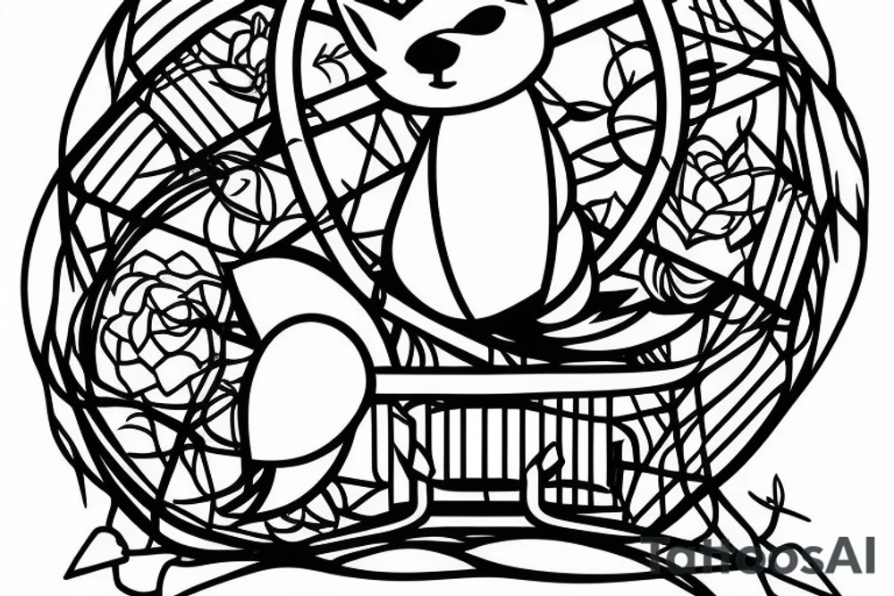 A small fox sits in a cage, poking its head through the bars, and looks into the distance tattoo idea