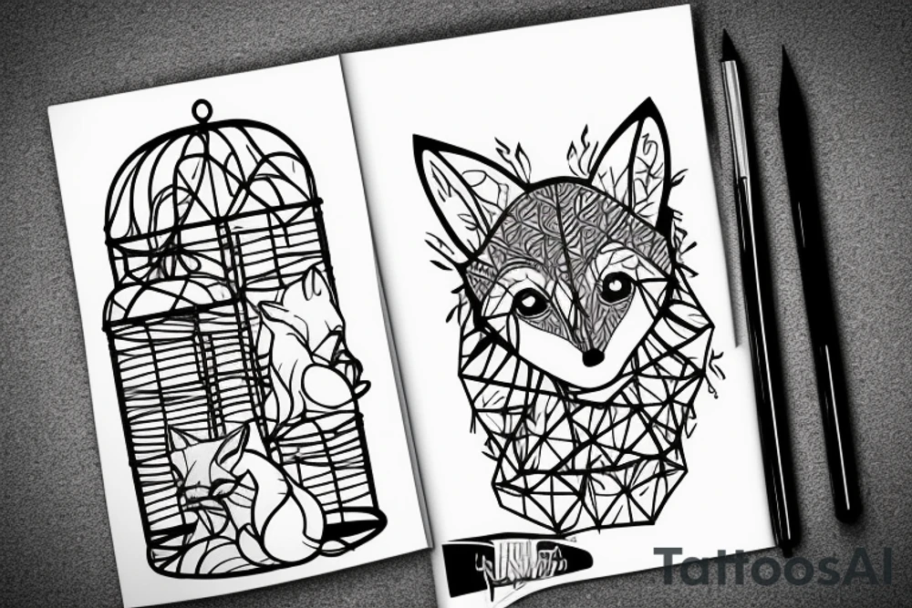 A small fox sits in a cage, poking its head through the bars, and looks into the distance tattoo idea