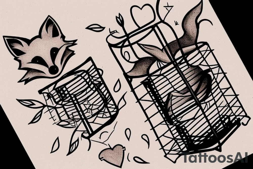 A small fox sits in a cage, poking its head through the bars, and looks into the distance tattoo idea