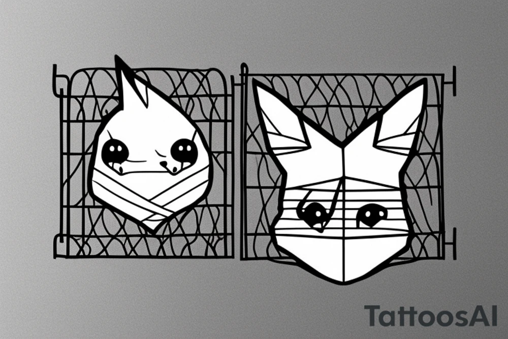 A small fox sits in a cage, poking its head through the bars, and looks into the distance tattoo idea