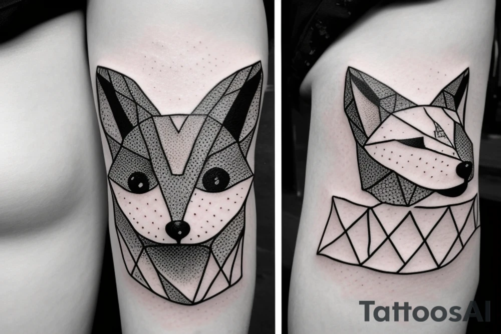 A small fox sits in a cage, poking its head through the bars, and looks into the distance tattoo idea
